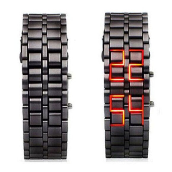 LED Digital Watch, Black & Red Stainless Steel Lava Style, Samurai Bracelet - Picture 3 of 9